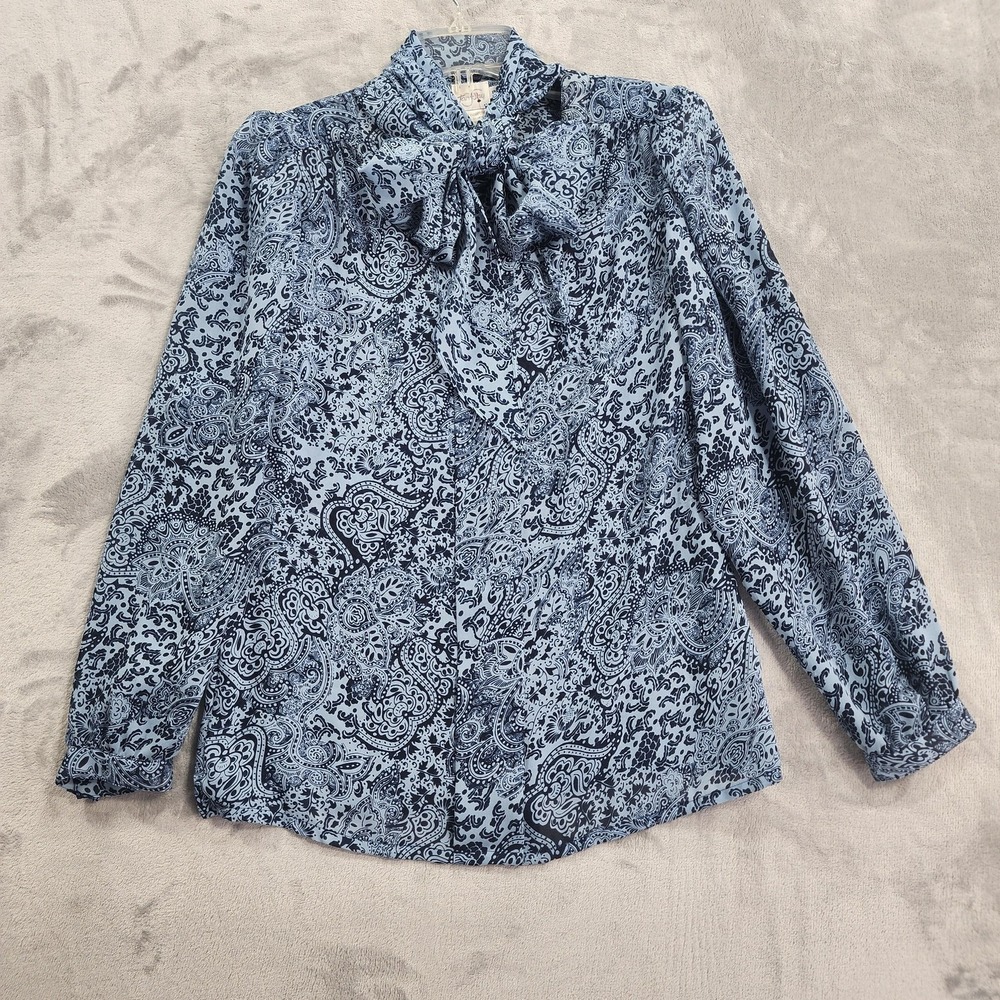 Vintage TanJay Shirt Womens 8 Blue Paisley Tie Neck Bow Long Sleeve Chiffon